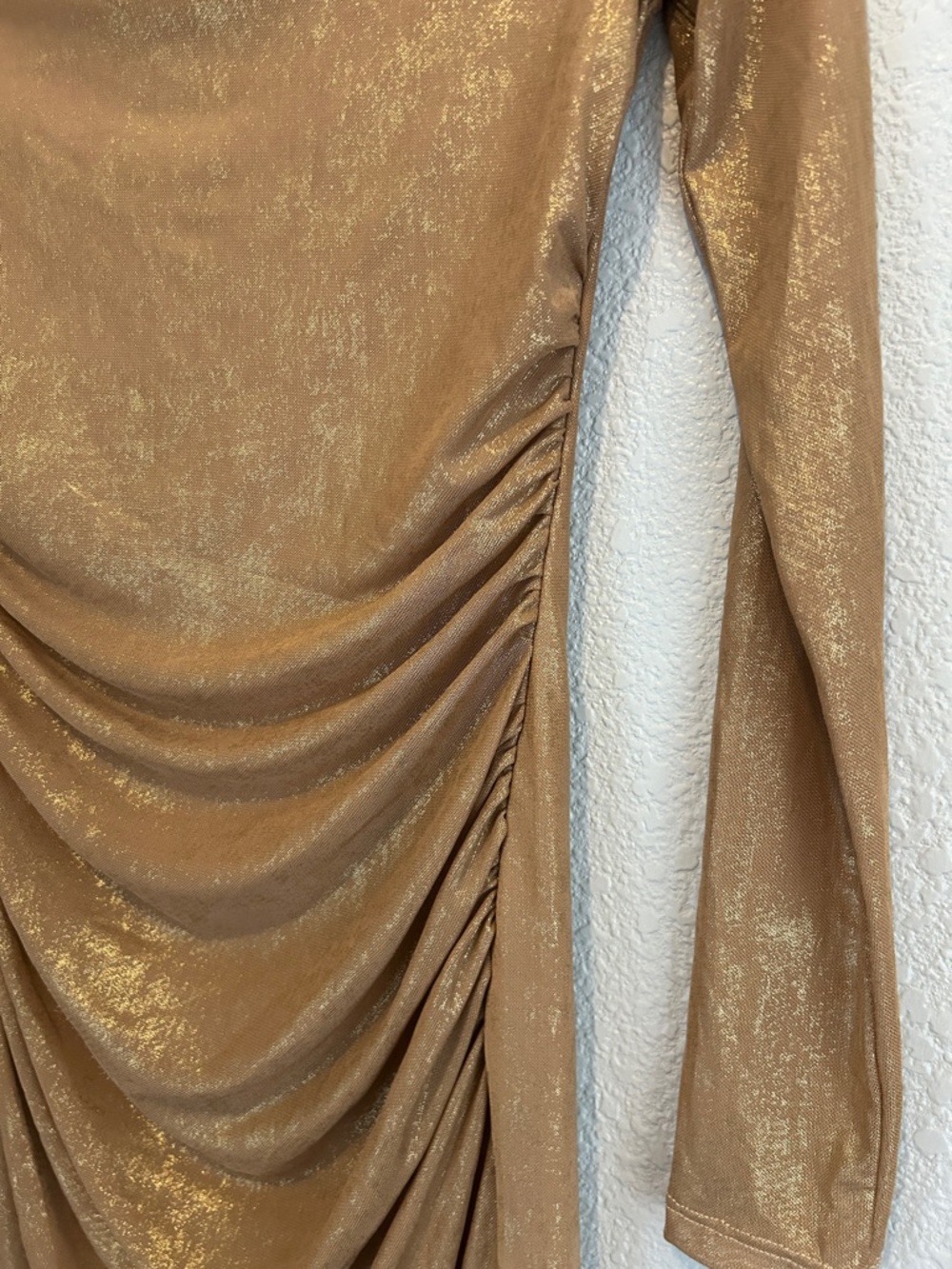 Shimmery Gold Long-Sleeve Ruched Bodycon Dress NWOT size M long sleeve - Picture 3 of 7